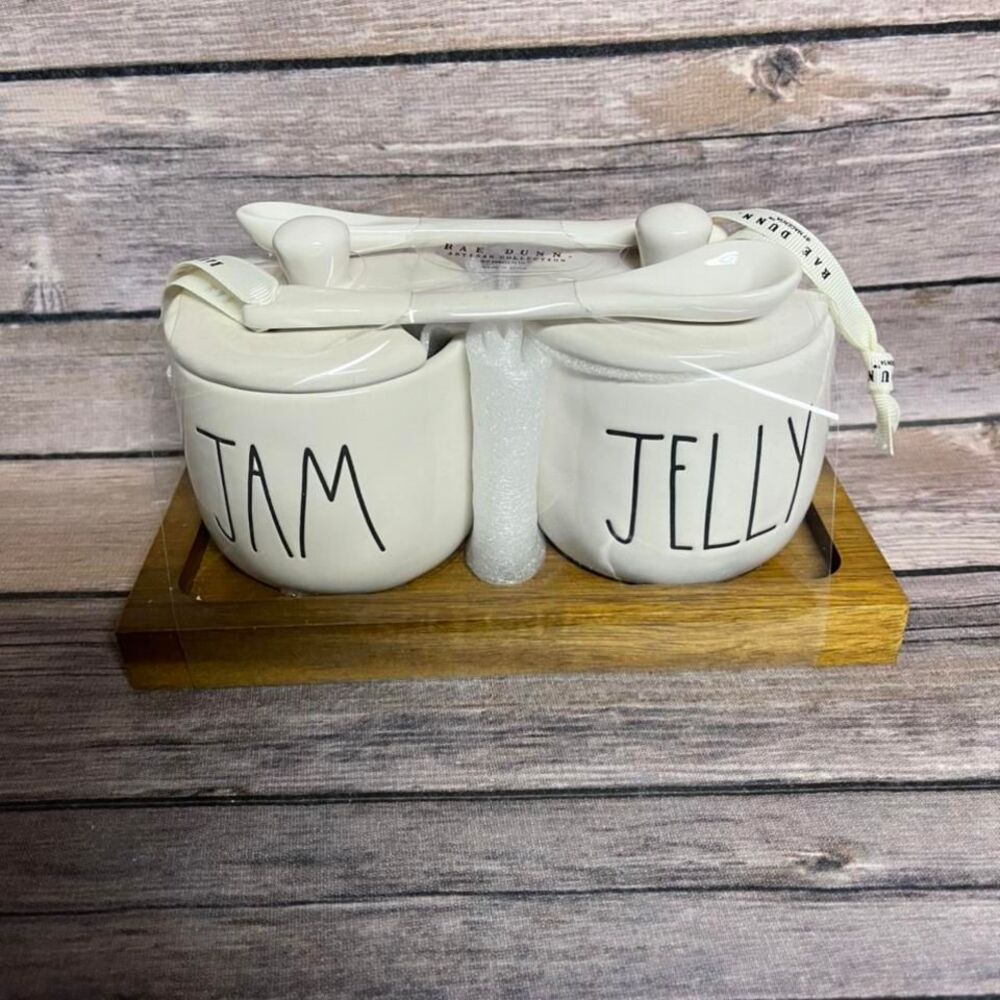 Brand new, newly released and HTF Rae Dunn‎ JAM and JELLY set with spoons.